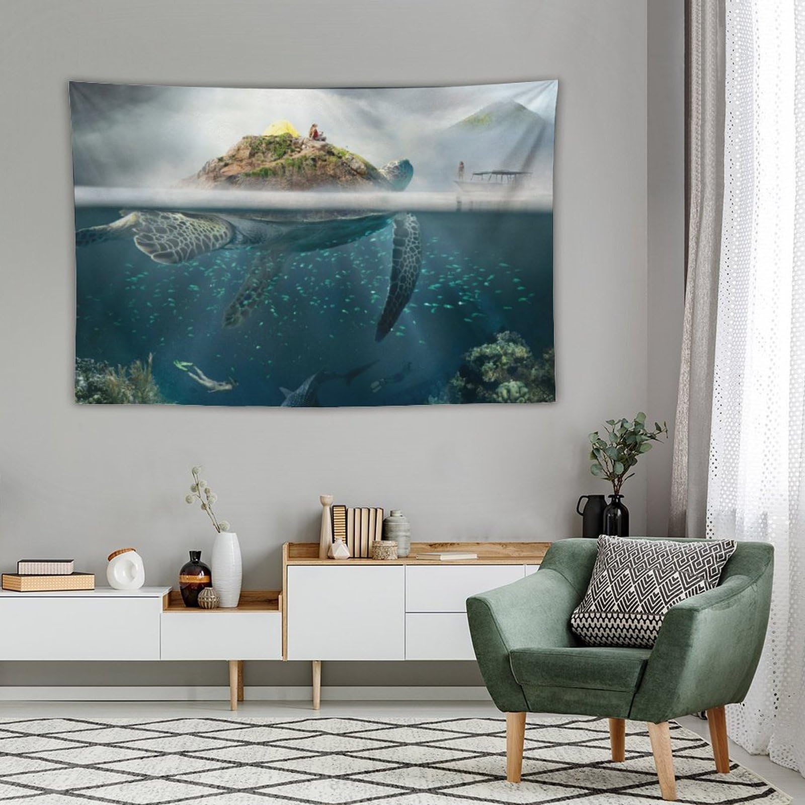 Amazon.co.jp: タペストリー 海の生き物 ウミガメ 海の景色 布